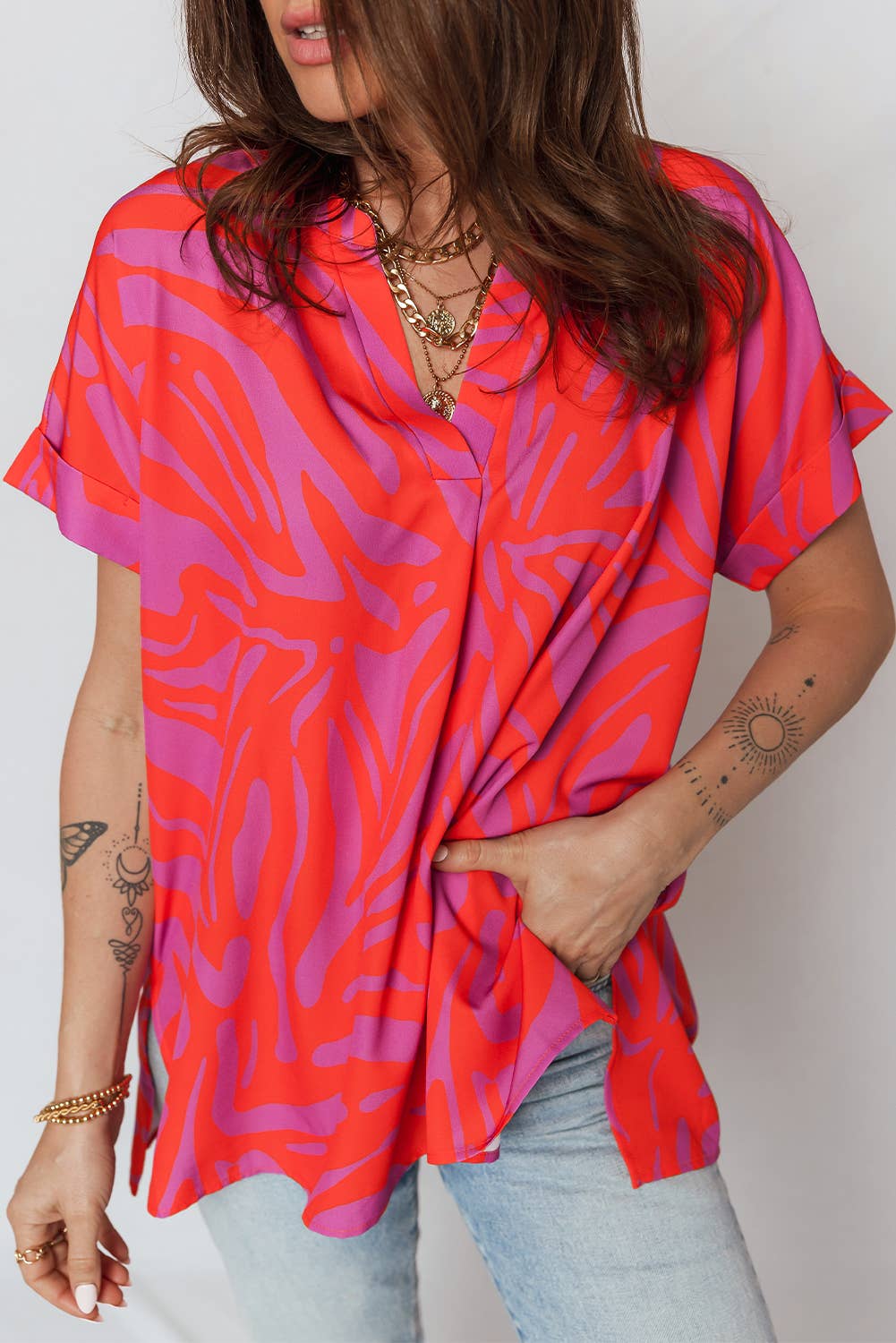 Lola V Neck Cuffed Sleeve Blouse