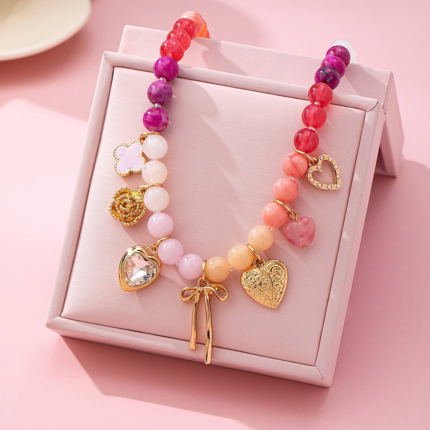 Pastel Beaded Bow Heart Flower Charm Necklace