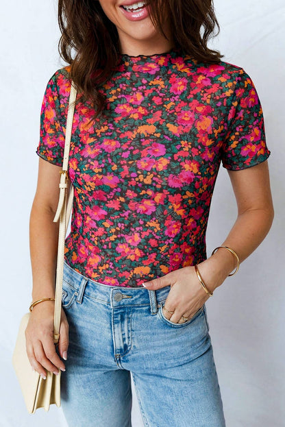 Retro Floral Print Mesh Short Sleeve Top