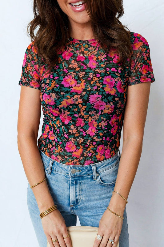 Retro Floral Print Mesh Short Sleeve Top