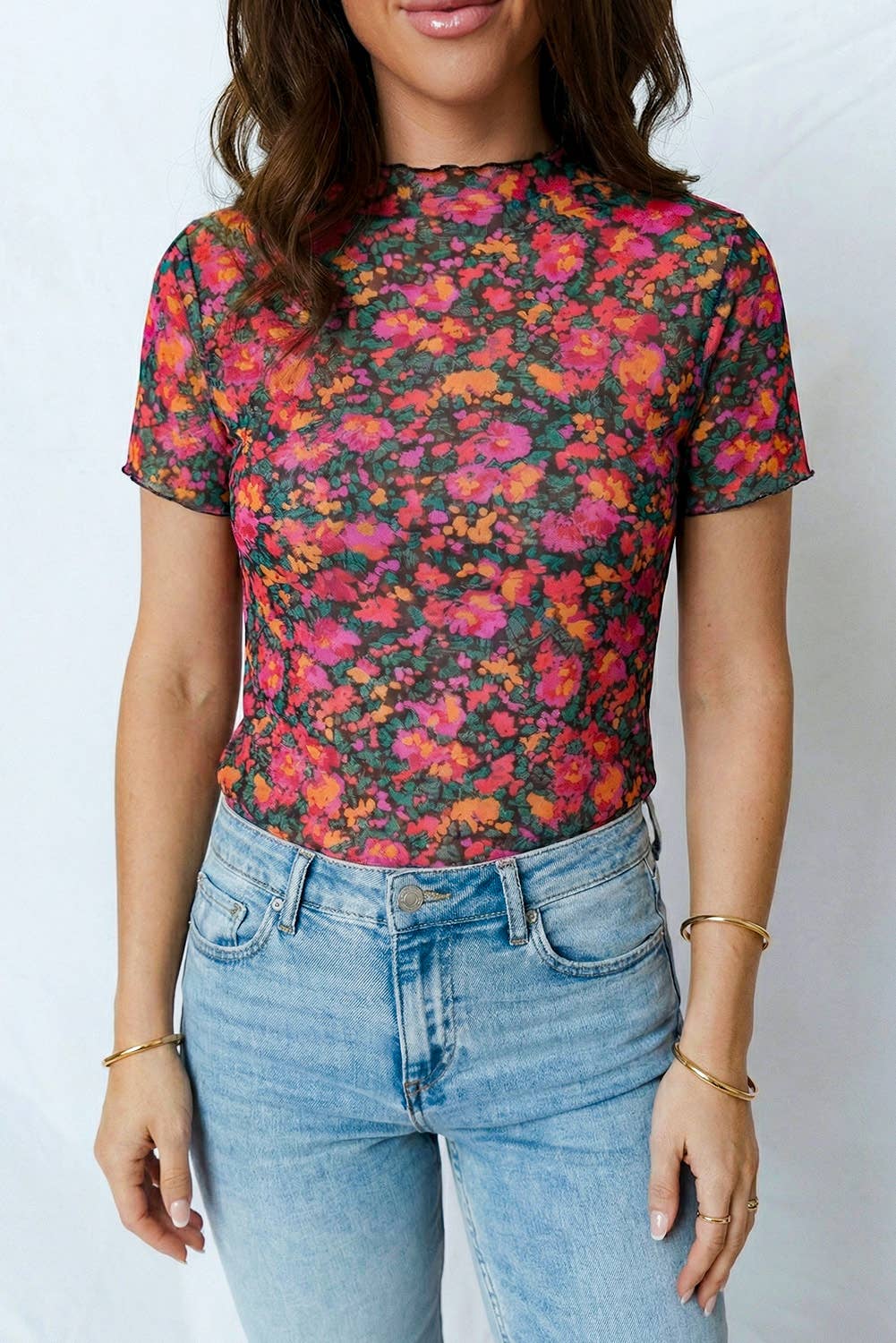 Retro Floral Print Mesh Short Sleeve Top
