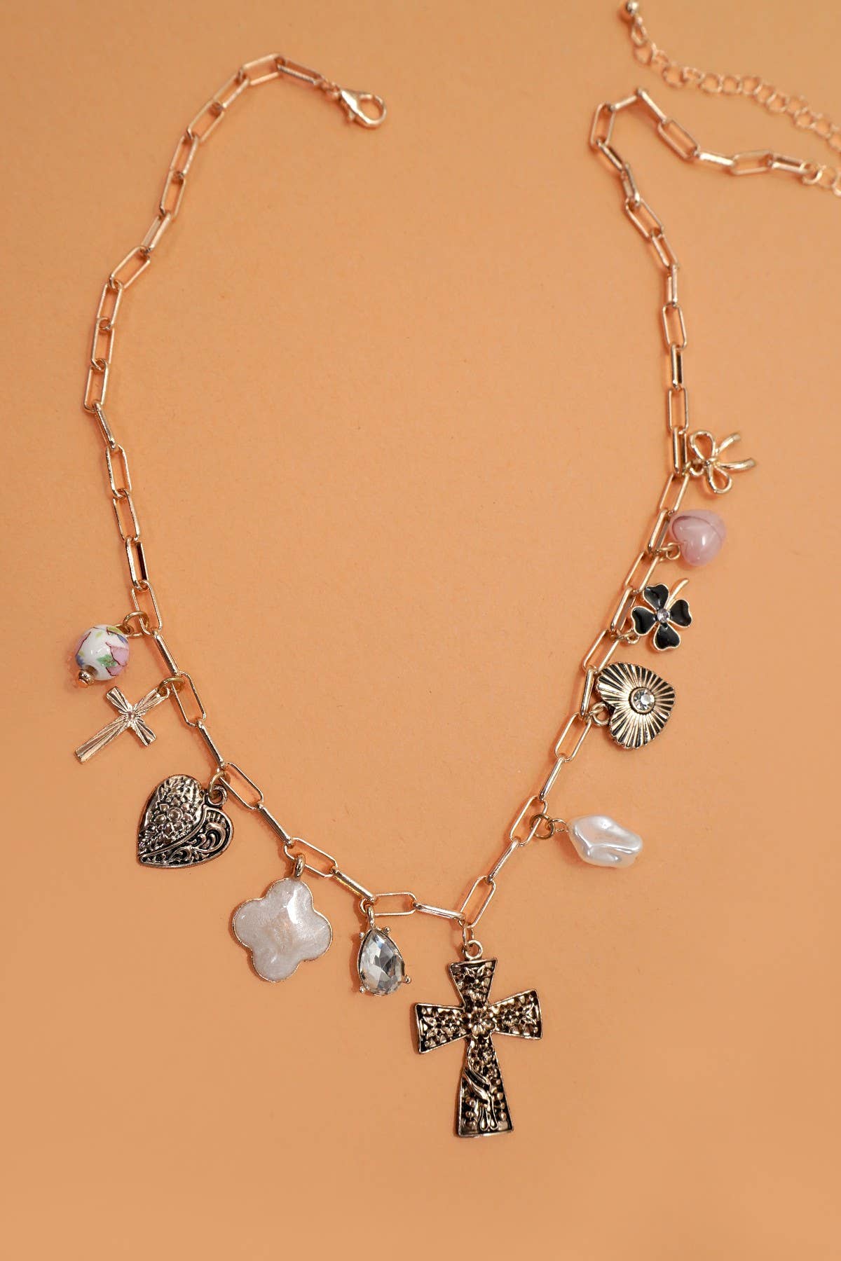 CHARM NECKLACE-CLOVER CROSS  HEART BOW