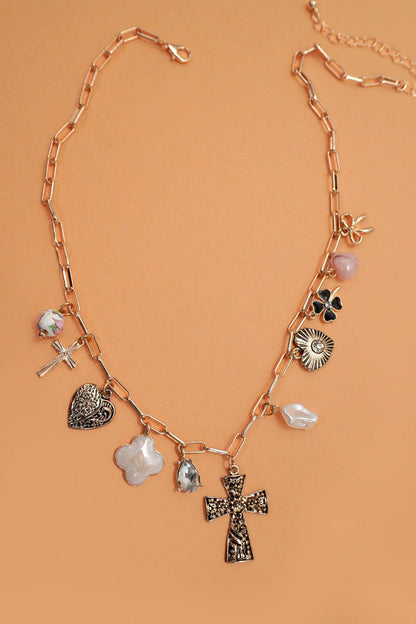CHARM NECKLACE-CLOVER CROSS  HEART BOW