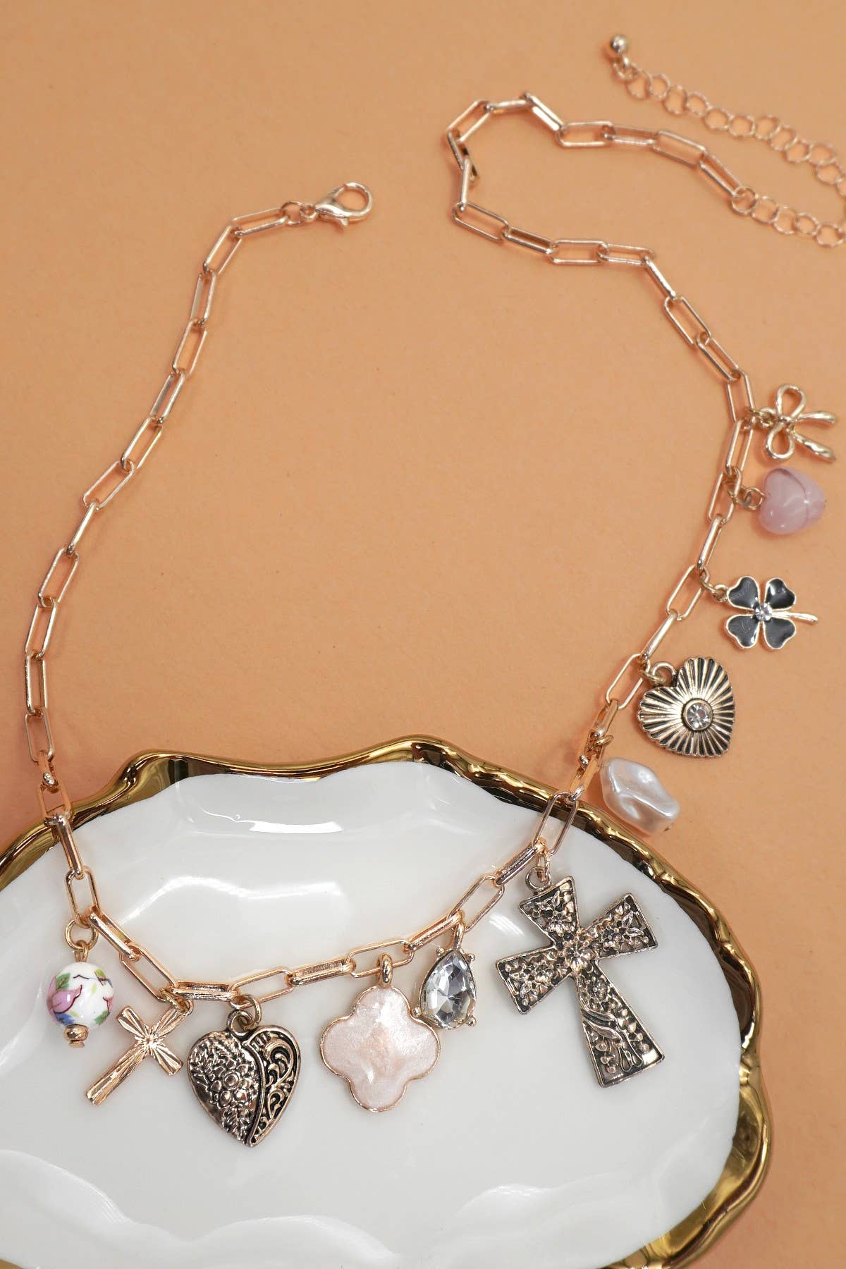 CHARM NECKLACE-CLOVER CROSS  HEART BOW