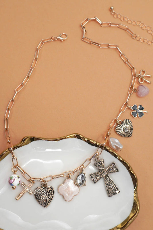 CHARM NECKLACE-CLOVER CROSS  HEART BOW