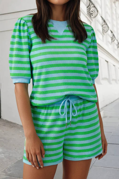 Stripe Puff Sleeve Top 2pcs Shorts Set