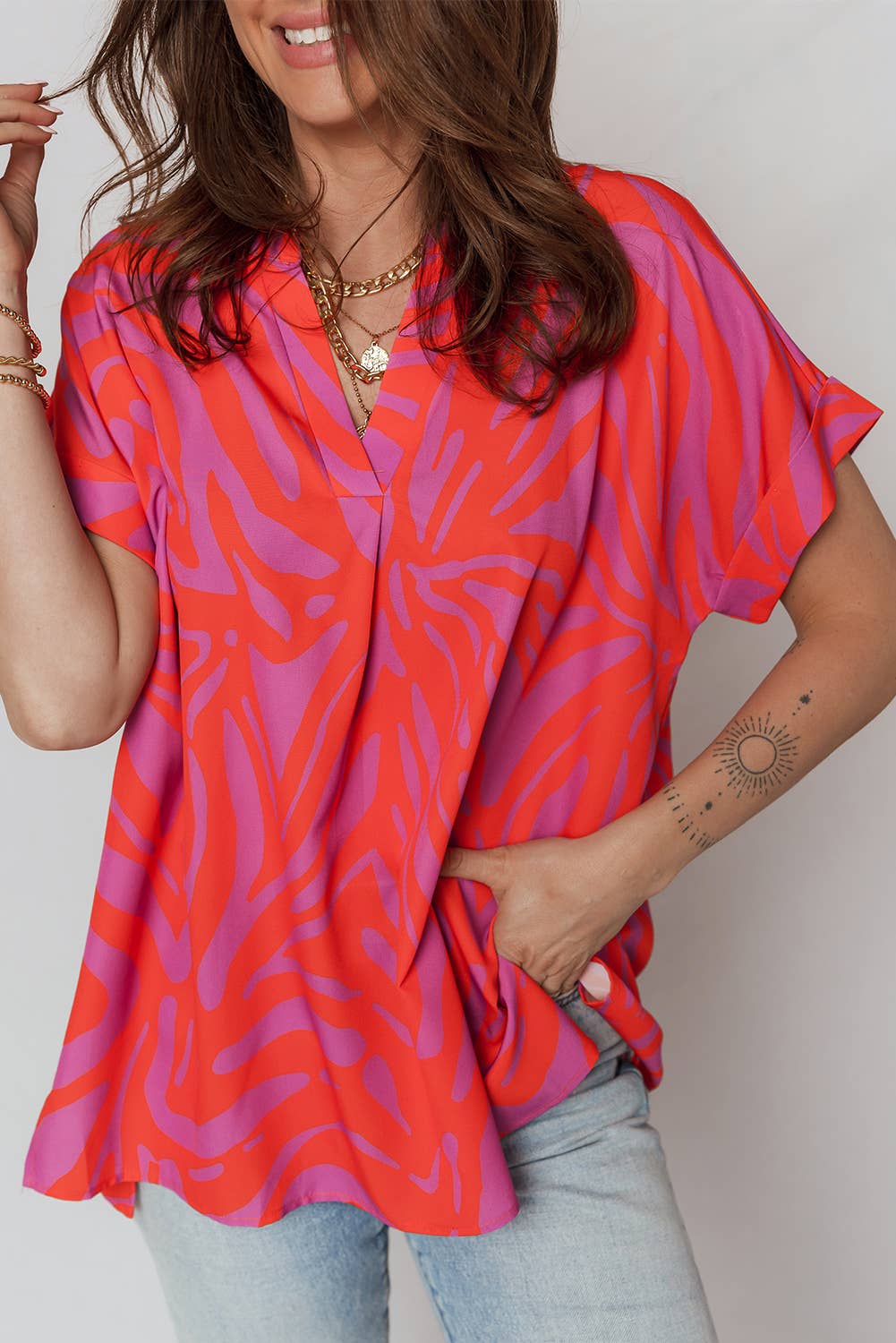 Lola V Neck Cuffed Sleeve Blouse