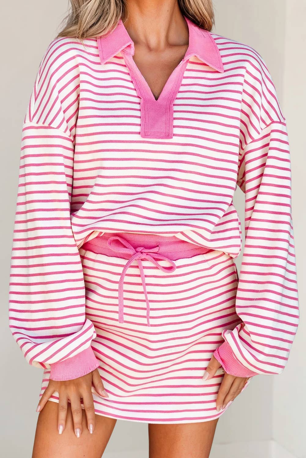 Stripe Collared Pullover & Skort 2pcs Outfit